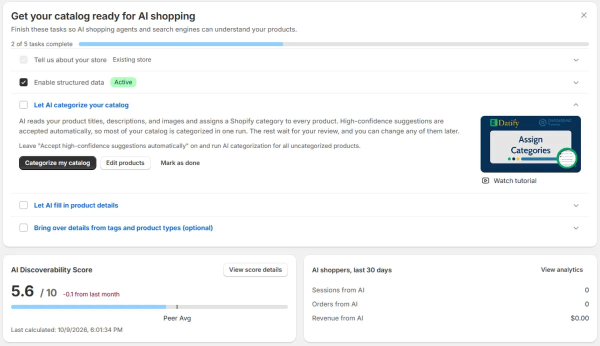 Datify Home in the Shopify admin: setup steps, the AI Discoverability Score and AI shopper visits
